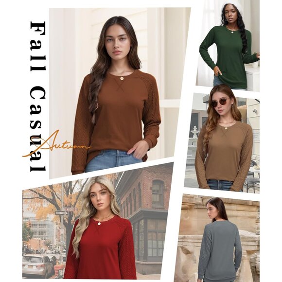 Women’s Crewneck Sweater Cable Knit Long Sleeve Lightweight Fall Pullover - Picture 6 of 6